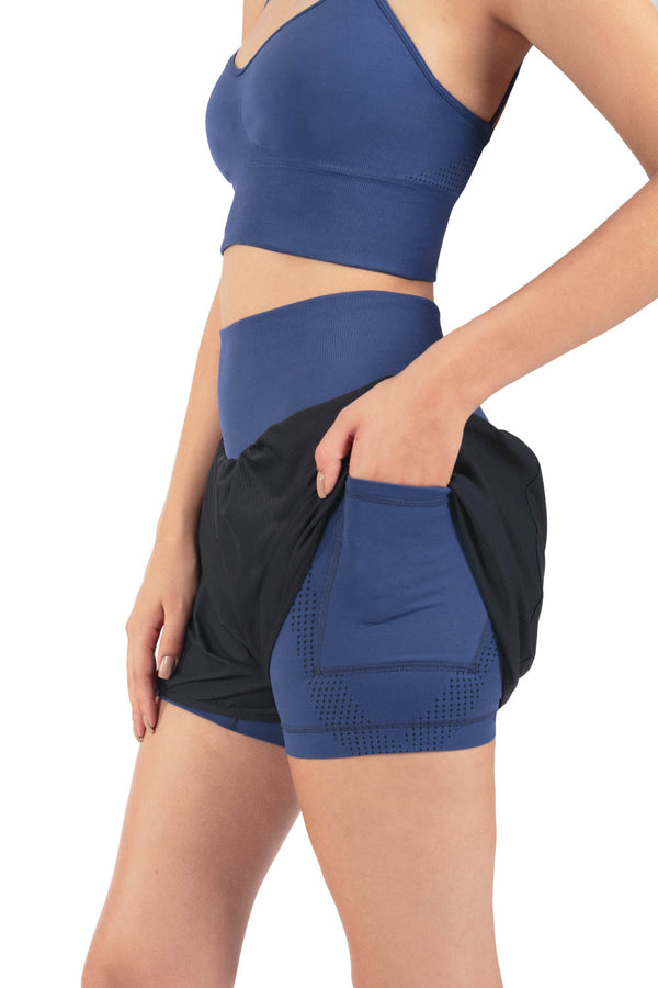 Shorts Duplo Fitness Pontos Azul