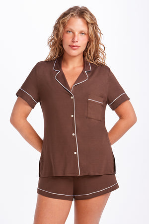 Pijama Manga Curta com Abertura Frontal Dreams Touch Cappuccino