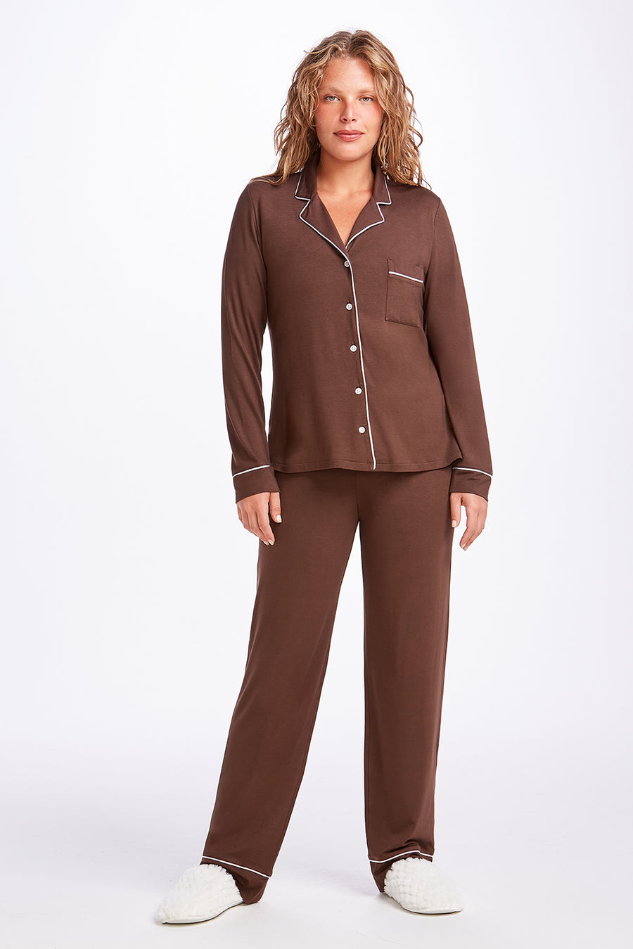 Pijama Manga Longa com Abertura Frontal Dreams Touch Cappuccino