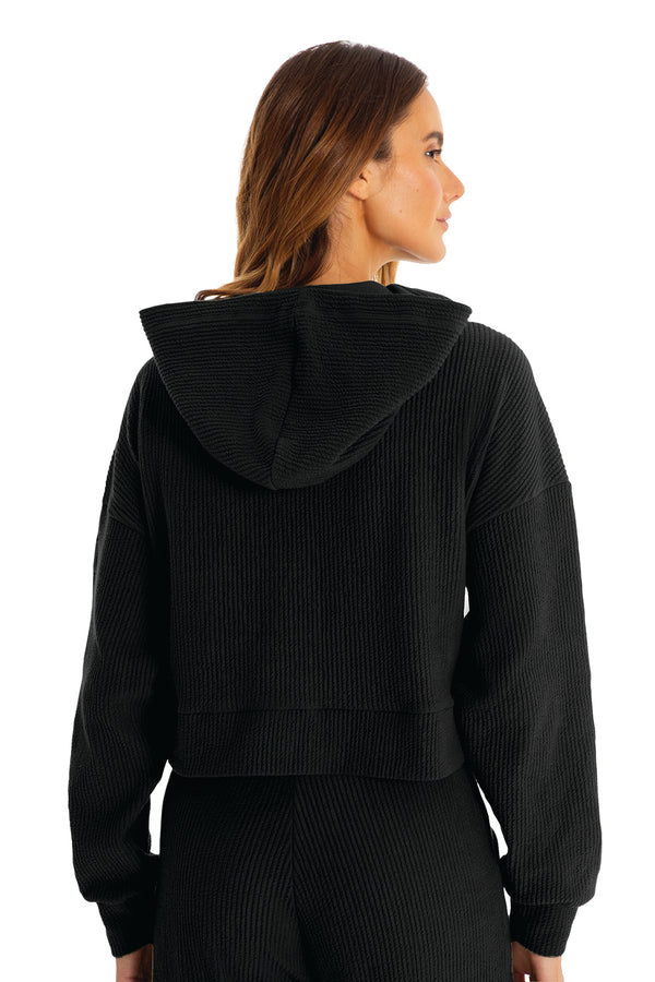 Blusa Cropped Canelada Com Capuz Athleisure Preto