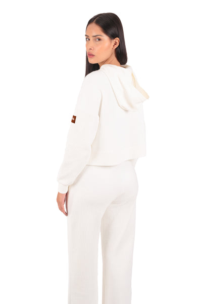 Blusa Cropped Canelada Com Capuz Athleisure Flow Off White