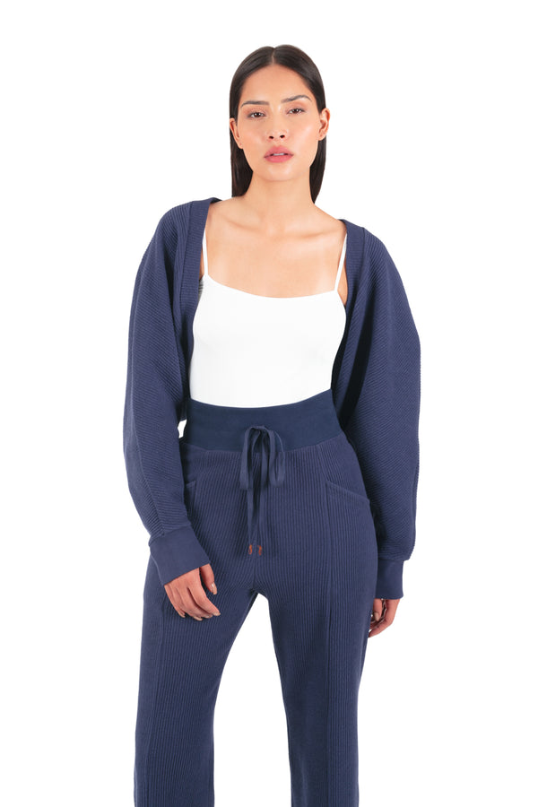 Casaco Cropped Canelado Manga Morcego Athleisure Marinho