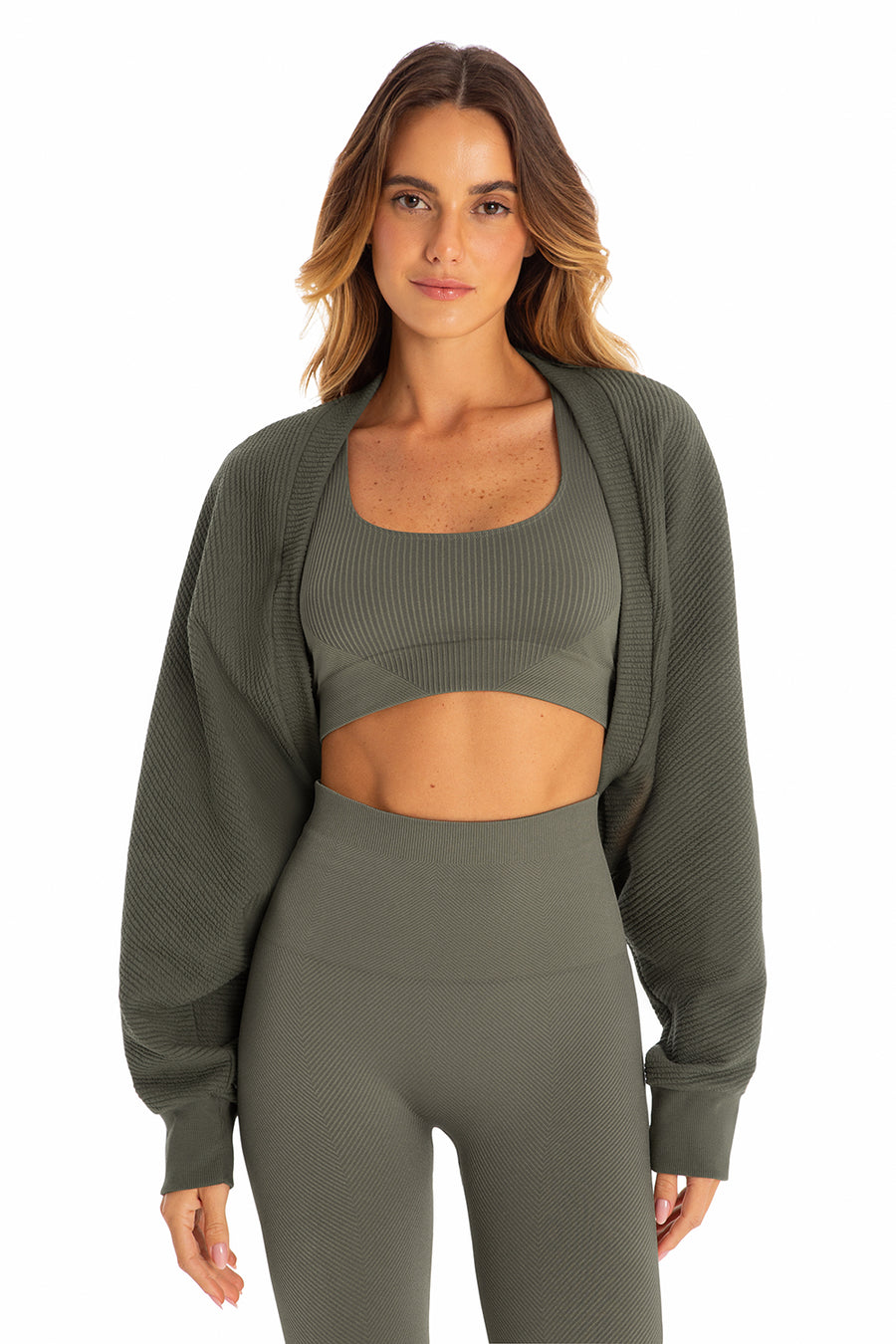 Casaco Cropped Canelado Manga Morcego Athleisure Verde Militar