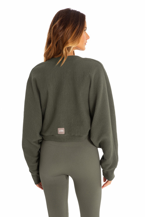 Casaco Cropped Canelado Manga Morcego Athleisure Verde Militar
