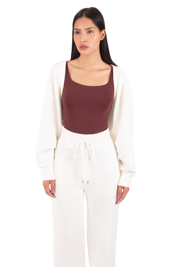 Casaco Cropped Canelado Manga Morcego Athleisure Off White