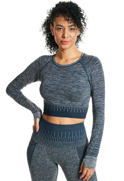 Camiseta Cropped Fitness Manga Longa Marinho