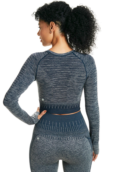 Camiseta Cropped Fitness Manga Longa Marinho