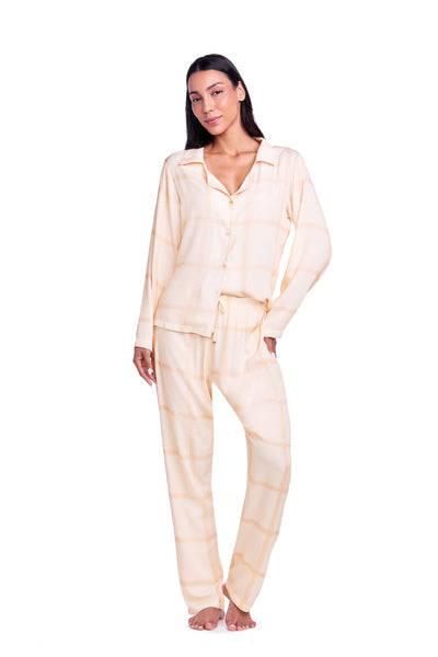 Pijama Manga Longa com Abertura Frontal Xadrez Creme