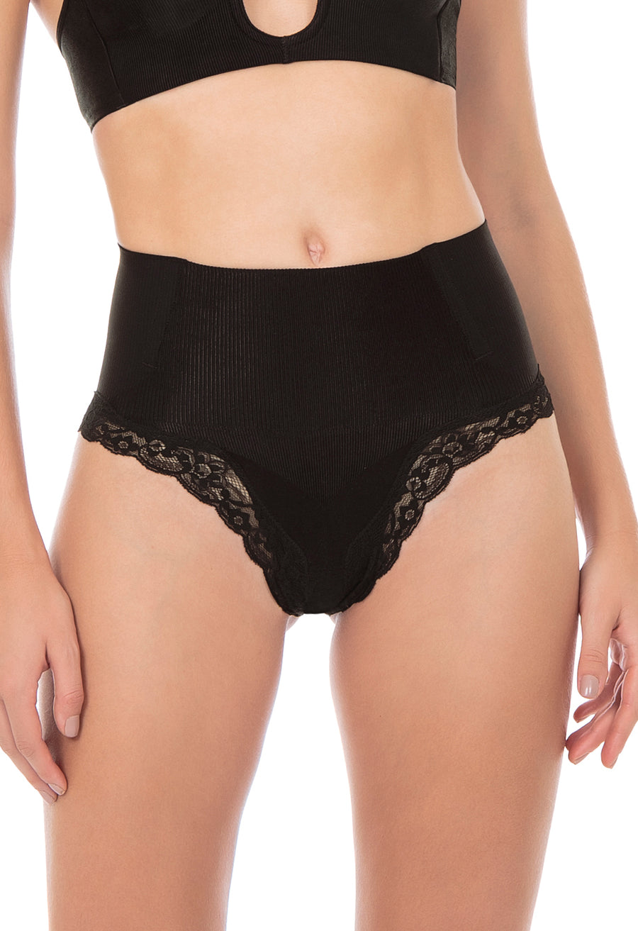 Calcinha Modeladora Cintura Alta Com Renda Afina Cintura Black
