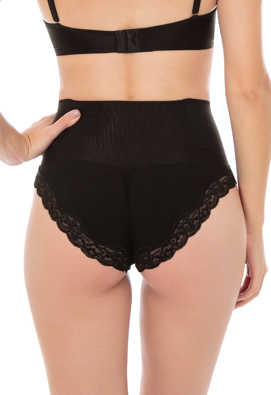 Calcinha Modeladora Cintura Alta Com Renda Afina Cintura Black