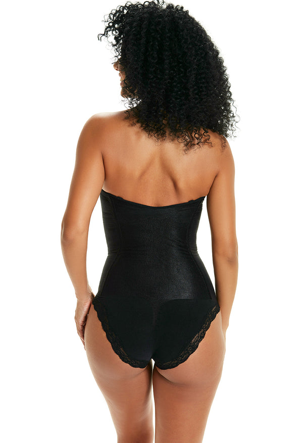 Body Modelador Bustiê Com Renda E Alças Removíveis Afina Cintura Black
