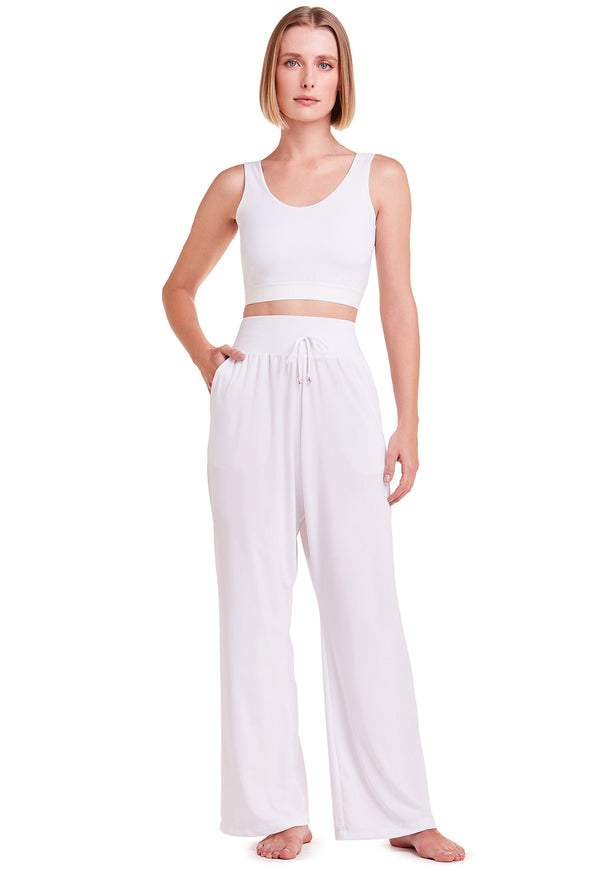 Calça Pantalona Em Microfibra Athleisure White