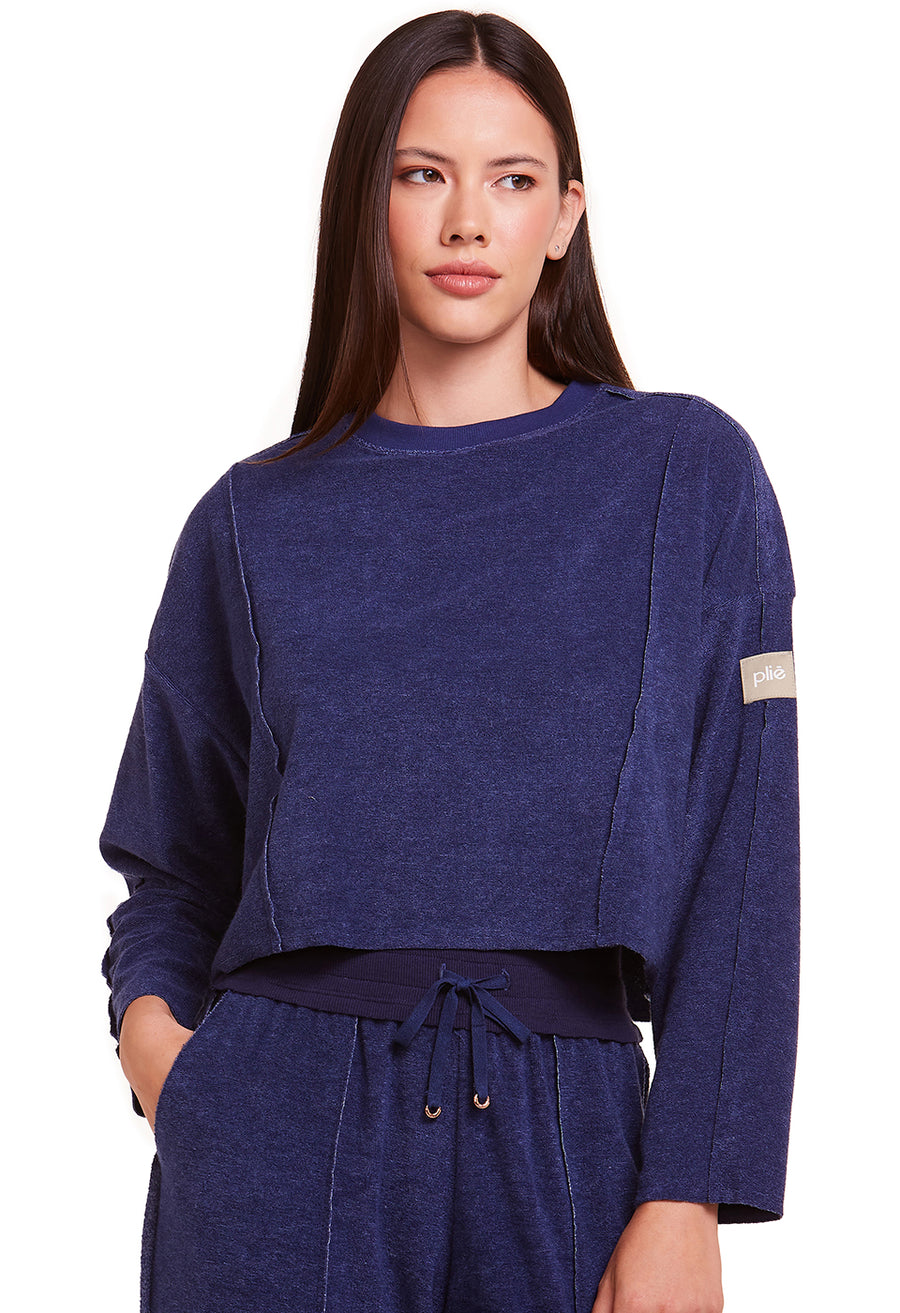 Blusa Cropped Estonada Manga Longa Athleisure Denim