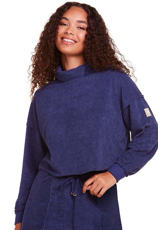 Blusa Estonada Gola Alta Manga Longa Athleisure Denim