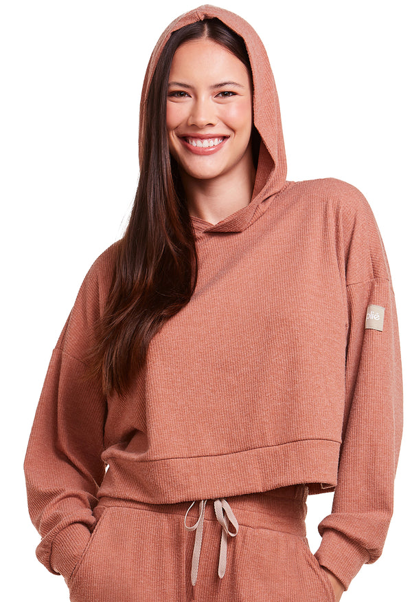 Blusa Cropped Com Capuz Athleisure Camel