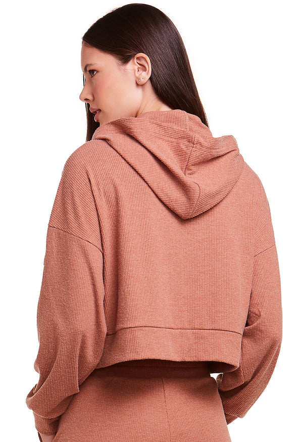 Blusa Cropped Com Capuz Athleisure Camel