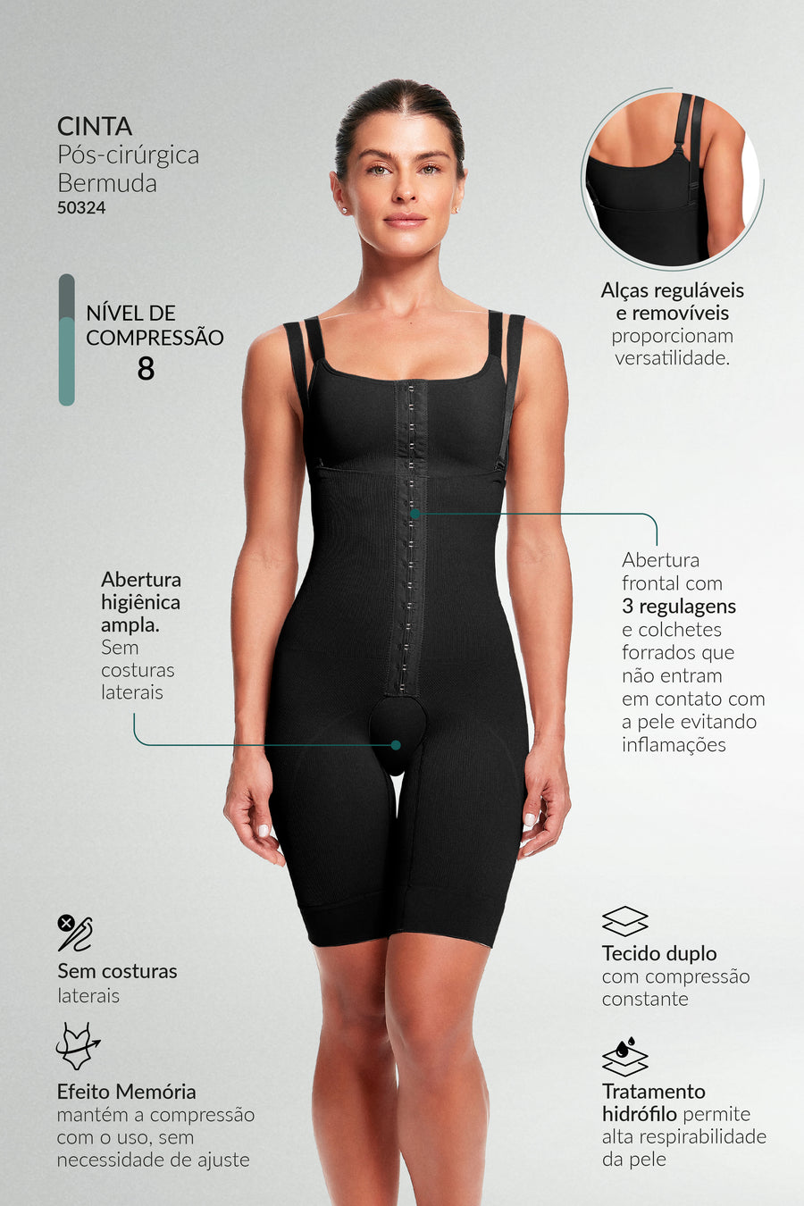 Cinta Pós-Cirúrgica Bermuda Cintura Alta Preto