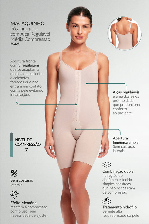 Macaquinho Pós-Cirúrgico Com Alça Regulável Média Compressão Base