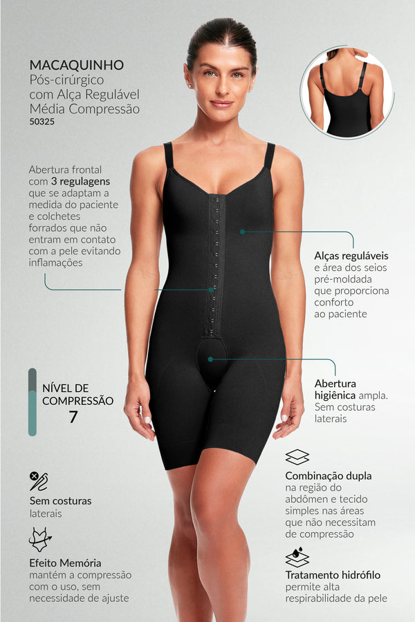 Macaquinho Pós-Cirúrgico Com Alça Regulável Média Compressão Preto