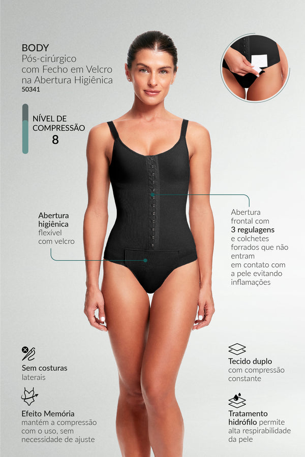 Body Pós-Cirúrgico Com Fecho Em Velcro Na Abertura Higiênica Preto