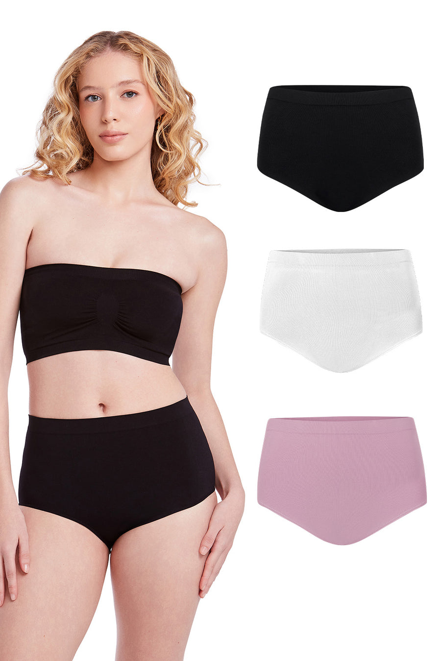 Kit 3 Calcinhas Básicas Cintura Alta Com Fundo De Algodão Preto, Branco e Lilac