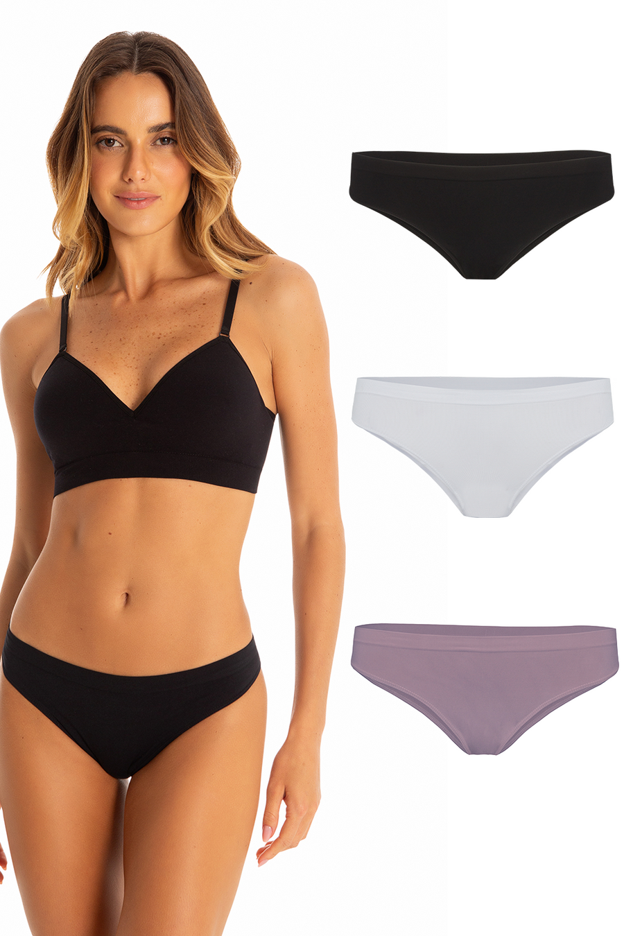 Kit 3 Calcinhas Básicas Biquíni Com Fundo De Algodão Preto, Branco e Lilac