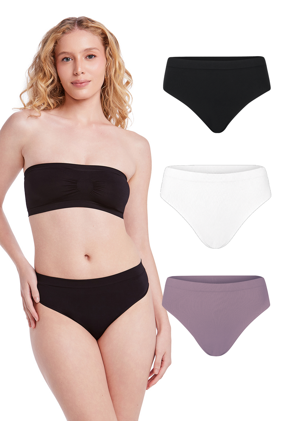 Kit 3 Calcinhas Básicas Cintura Média Com Fundo De Algodão Preto, Branco e Lilac