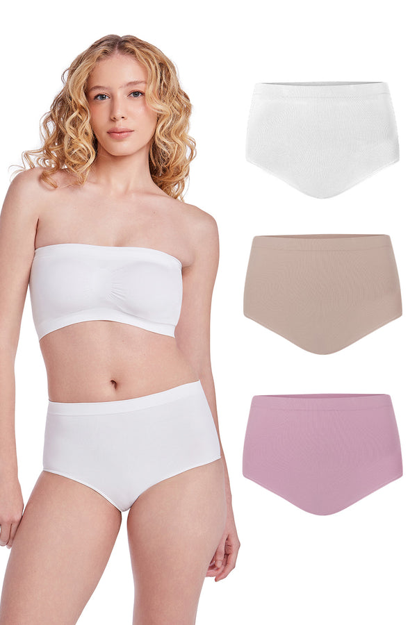Kit 3 Calcinhas Básicas Cintura Alta Com Fundo De Algodão Branco, Base e Lilac