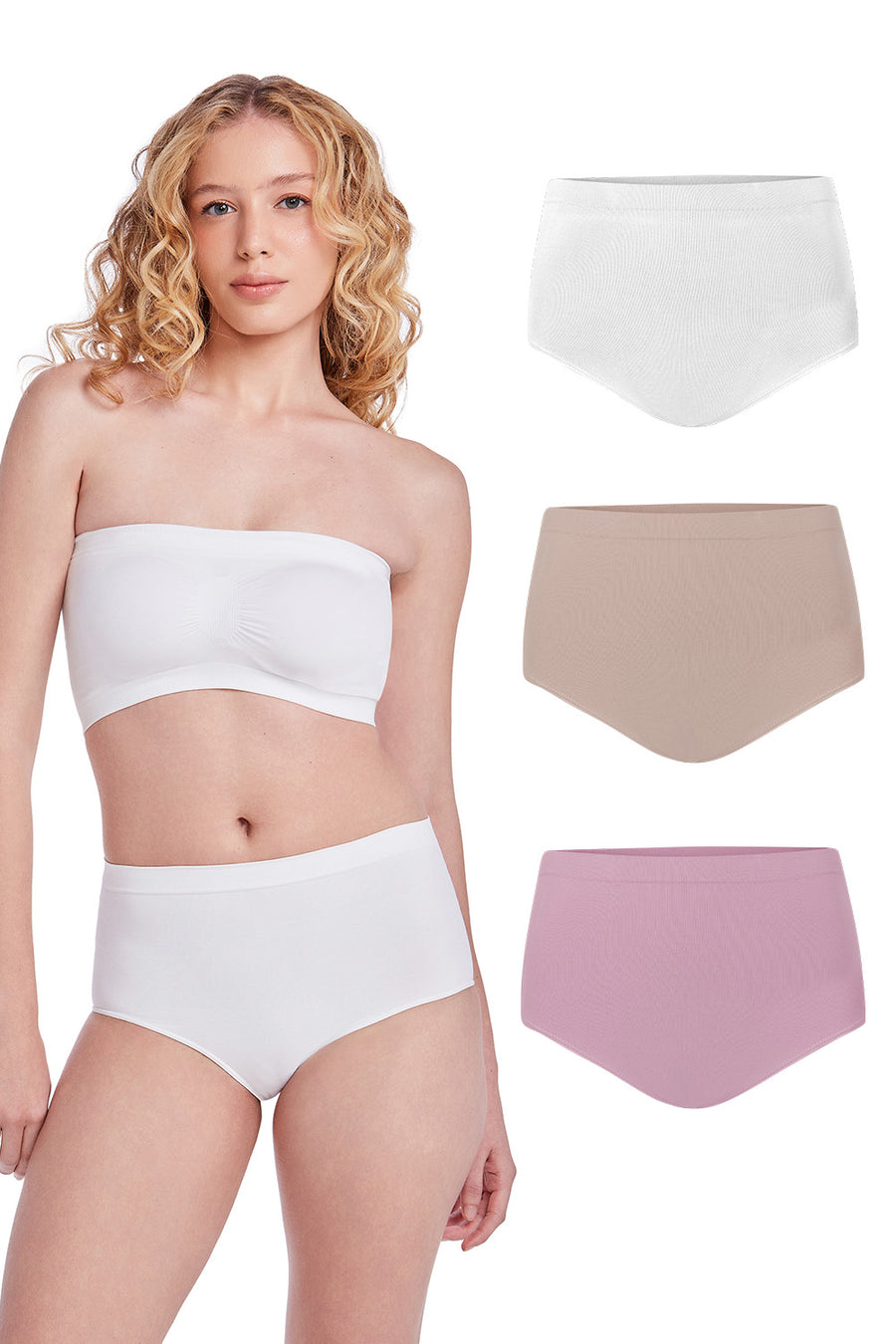 Kit 3 Calcinhas Básicas Cintura Alta Com Fundo De Algodão Branco, Base e Lilac