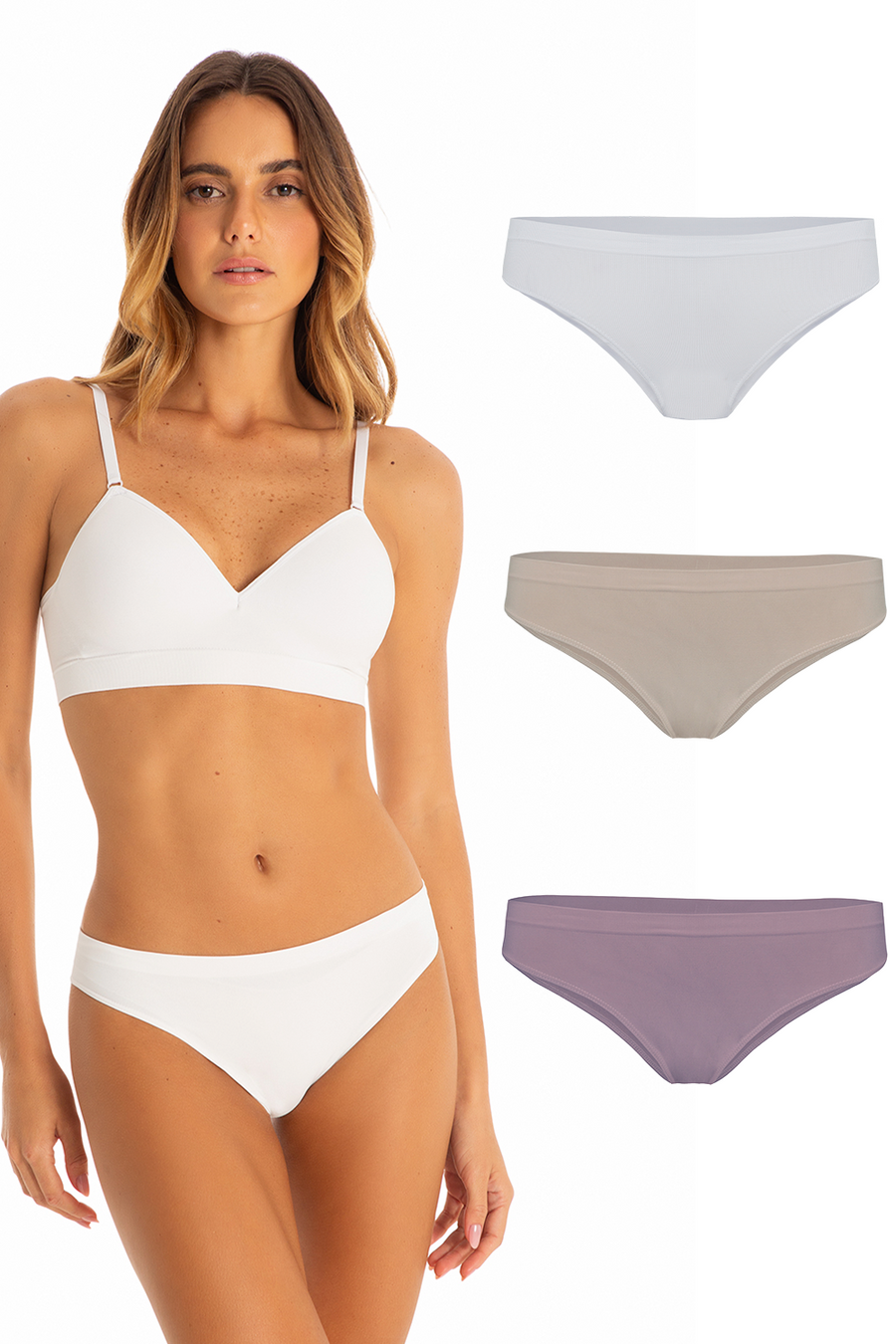Kit 3 Calcinhas Básicas Biquíni Com Fundo De Algodão Branco, Base e Lilac