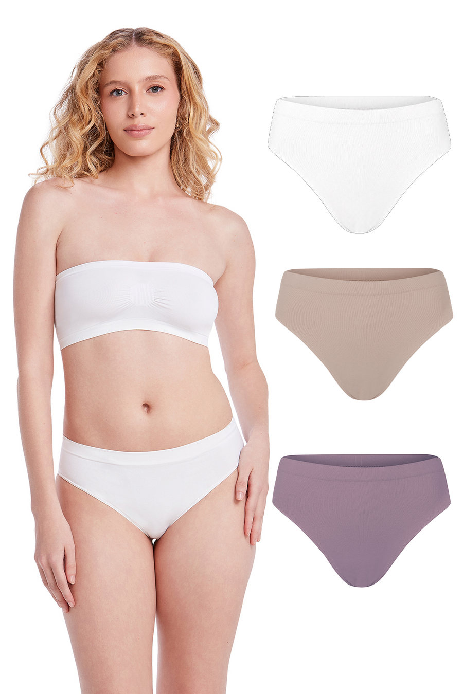 Kit 3 Calcinhas Básicas Cintura Média Com Fundo De Algodão Branco, Base e Lilac