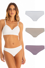 Kit 3 Calcinhas Básicas Biquíni Com Fundo De Algodão Branco, Base e Lilac