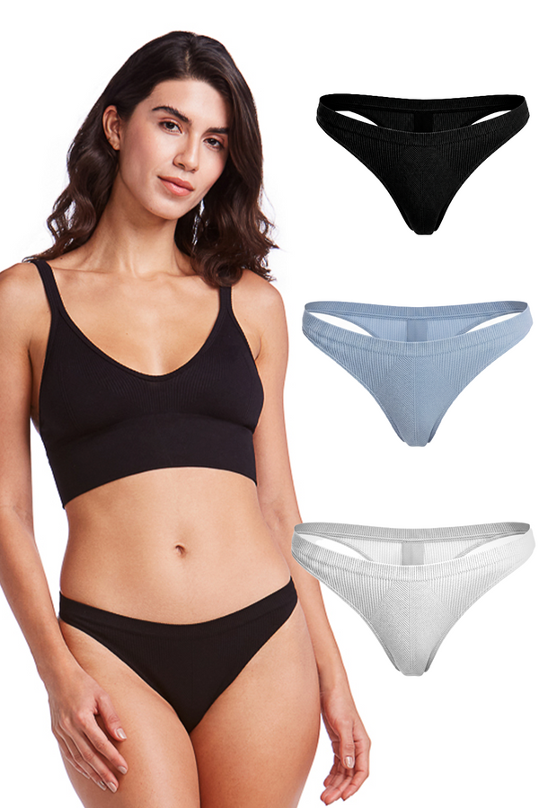Kit 3 Calcinhas Tanga Canelada Essentials Preta, Cinza e Denim