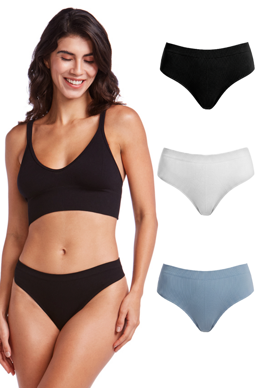 Kit 3 Calcinhas Biquíni Canelada Essentials Preta, Cinza e Denim