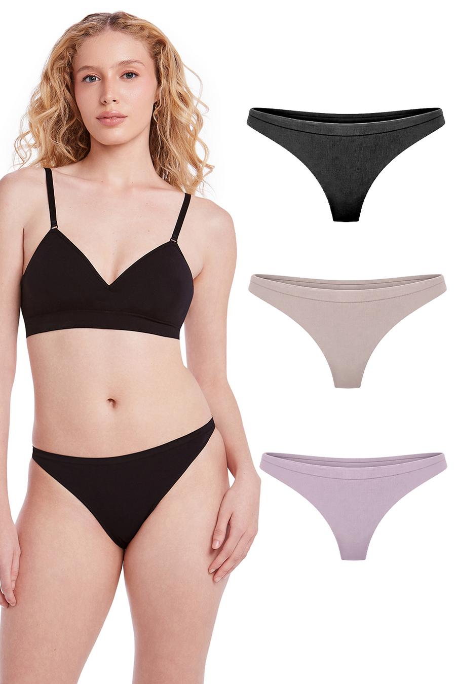Kit 3 Calcinhas Básicas Tanga Com Fundo De Algodão Preto, Base e Lilac