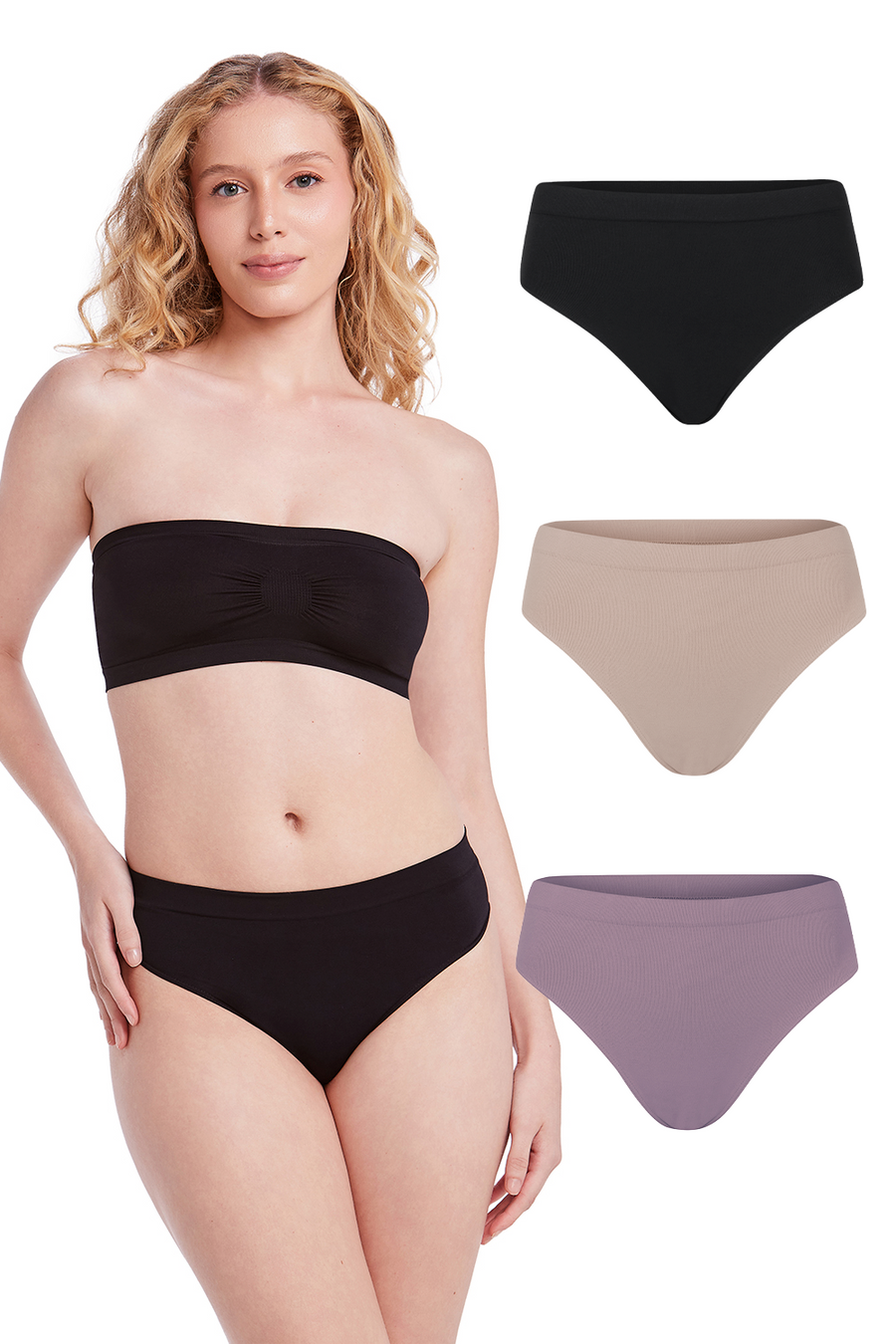 Kit 3 Calcinhas Básicas Cintura Média Com Fundo De Algodão Preto, Base e Lilac