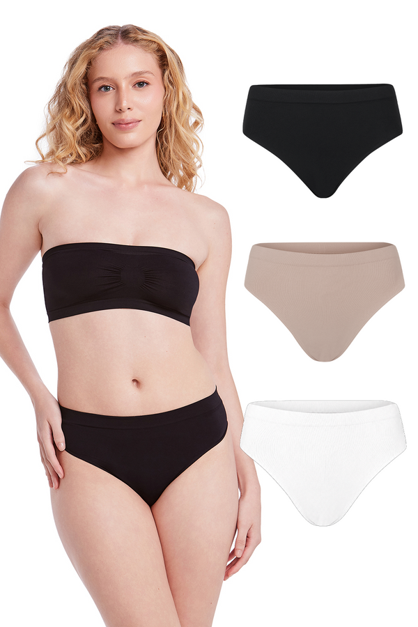 Kit 3 Calcinhas Básicas Cintura Média Com Fundo De Algodão Preto, Base e Branco