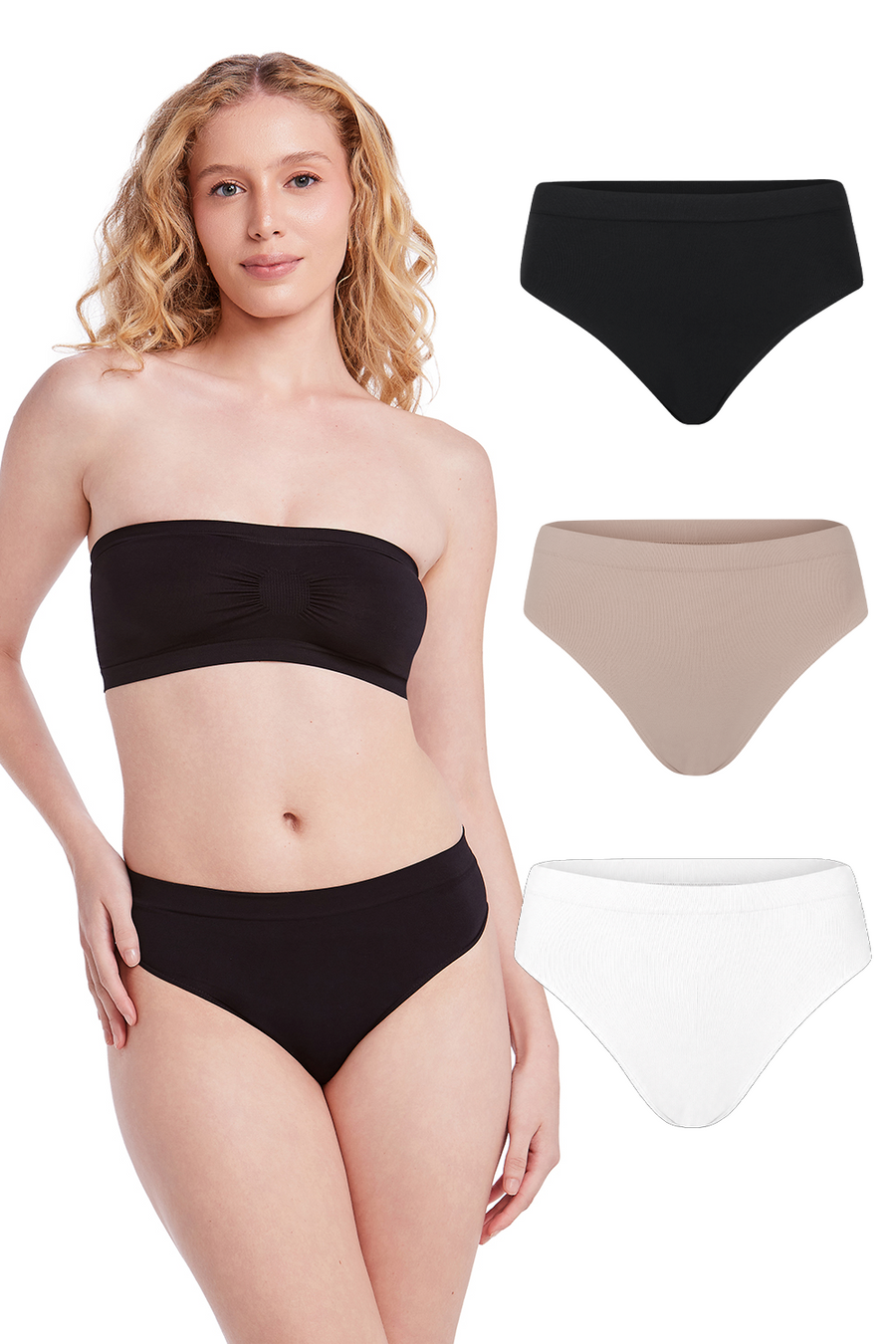 Kit 3 Calcinhas Básicas Cintura Média Com Fundo De Algodão Preto, Base e Branco
