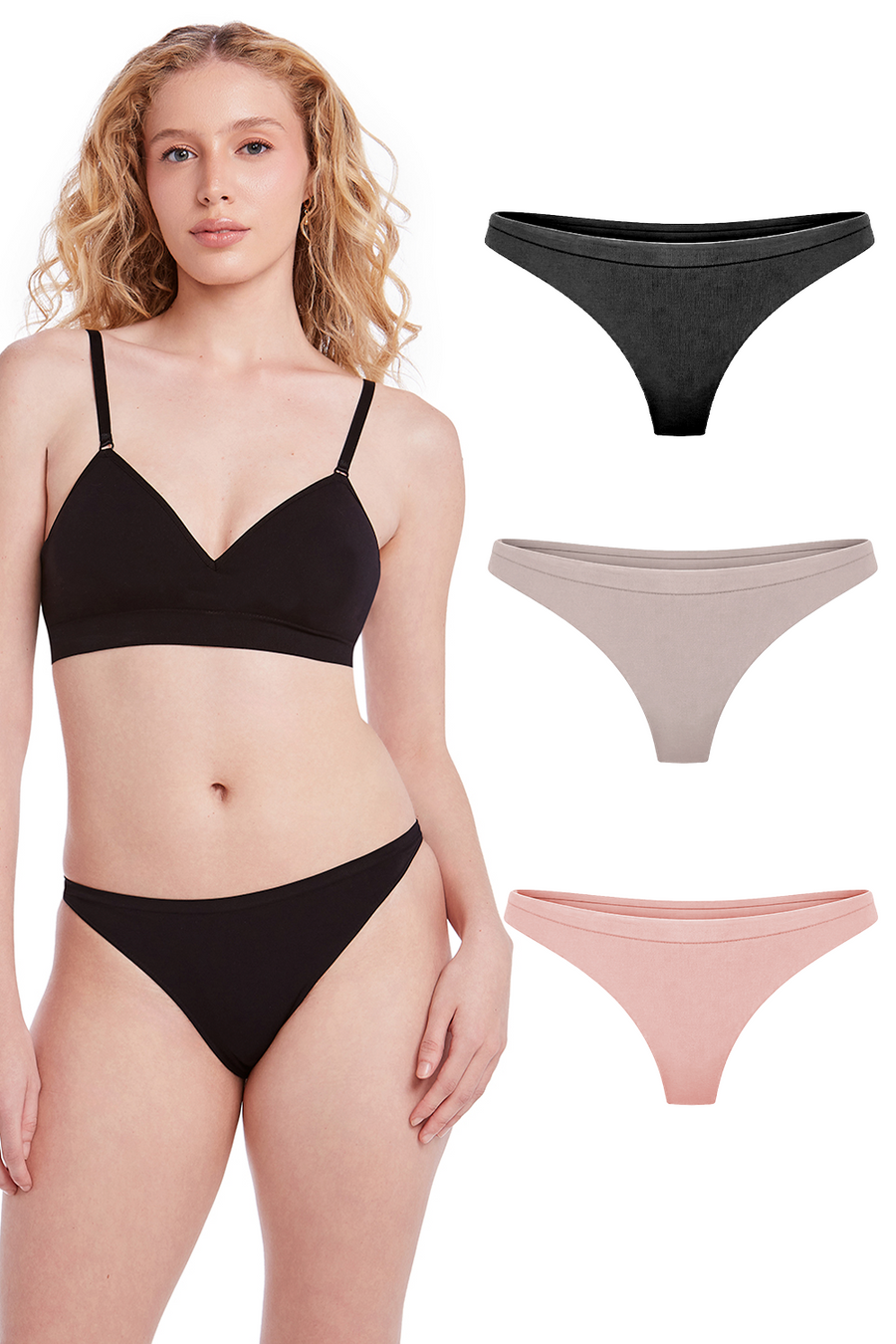 Kit 3 Calcinhas Básicas Tanga Com Fundo De Algodão  Preto, Base e Balm