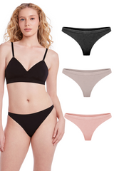 Kit 3 Calcinhas Básicas Tanga Com Fundo De Algodão  Preto, Base e Balm