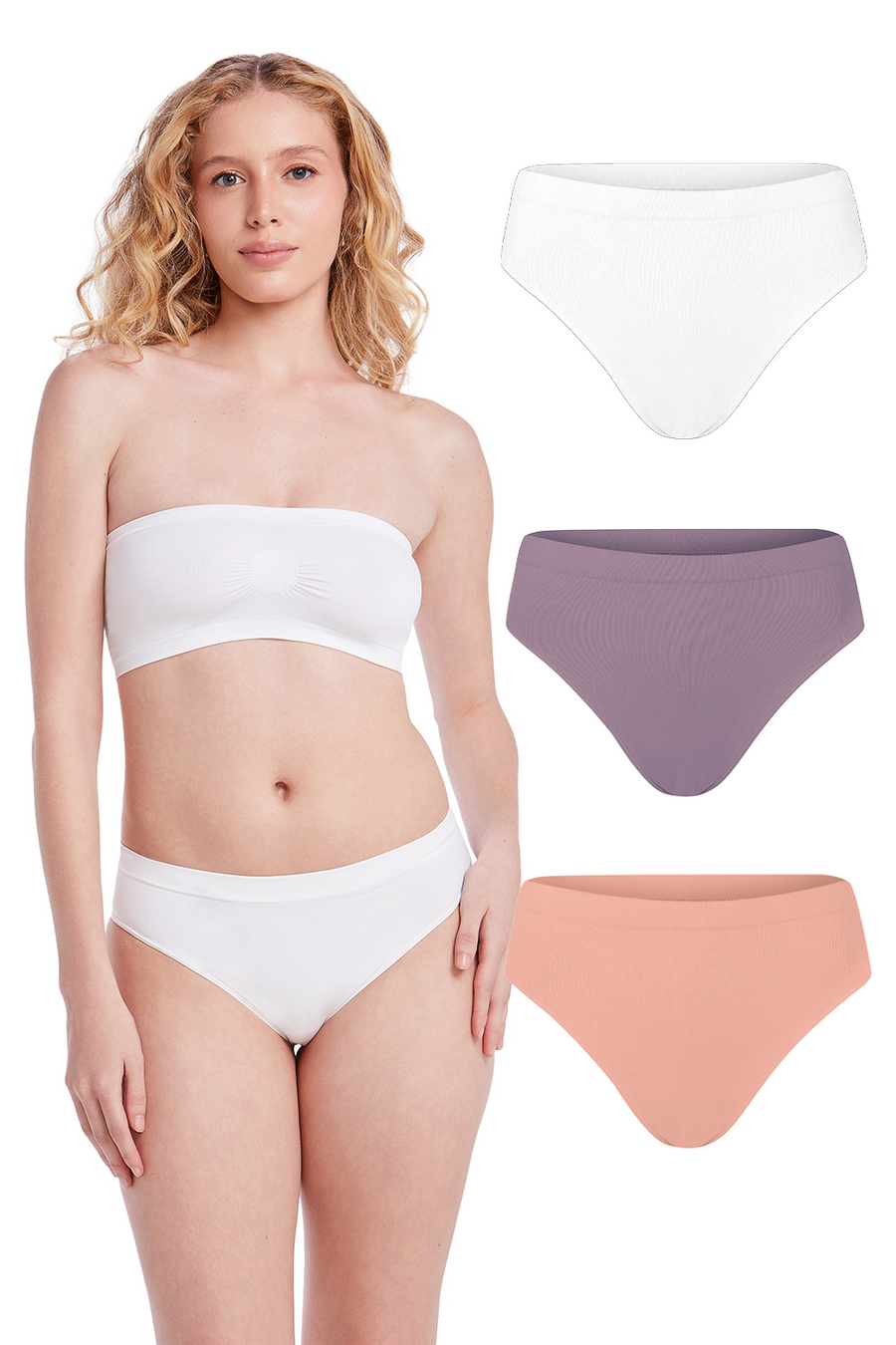 Kit 3 Calcinhas Básicas Cintura Média Com Fundo De Algodão Branco, Lilac e Balm
