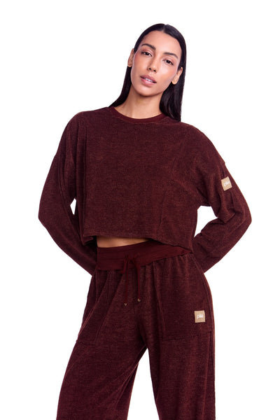 Blusa Cropped Estonada Manga Longa Athleisure Macadâmia