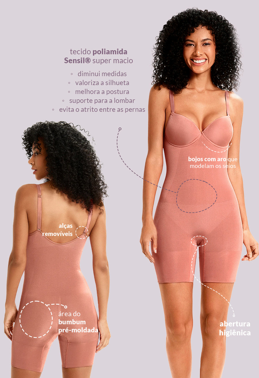 Body Modelador Macaquinho Com Bojo E Alças Transpassadas Valoriza Os Seios Bronzer