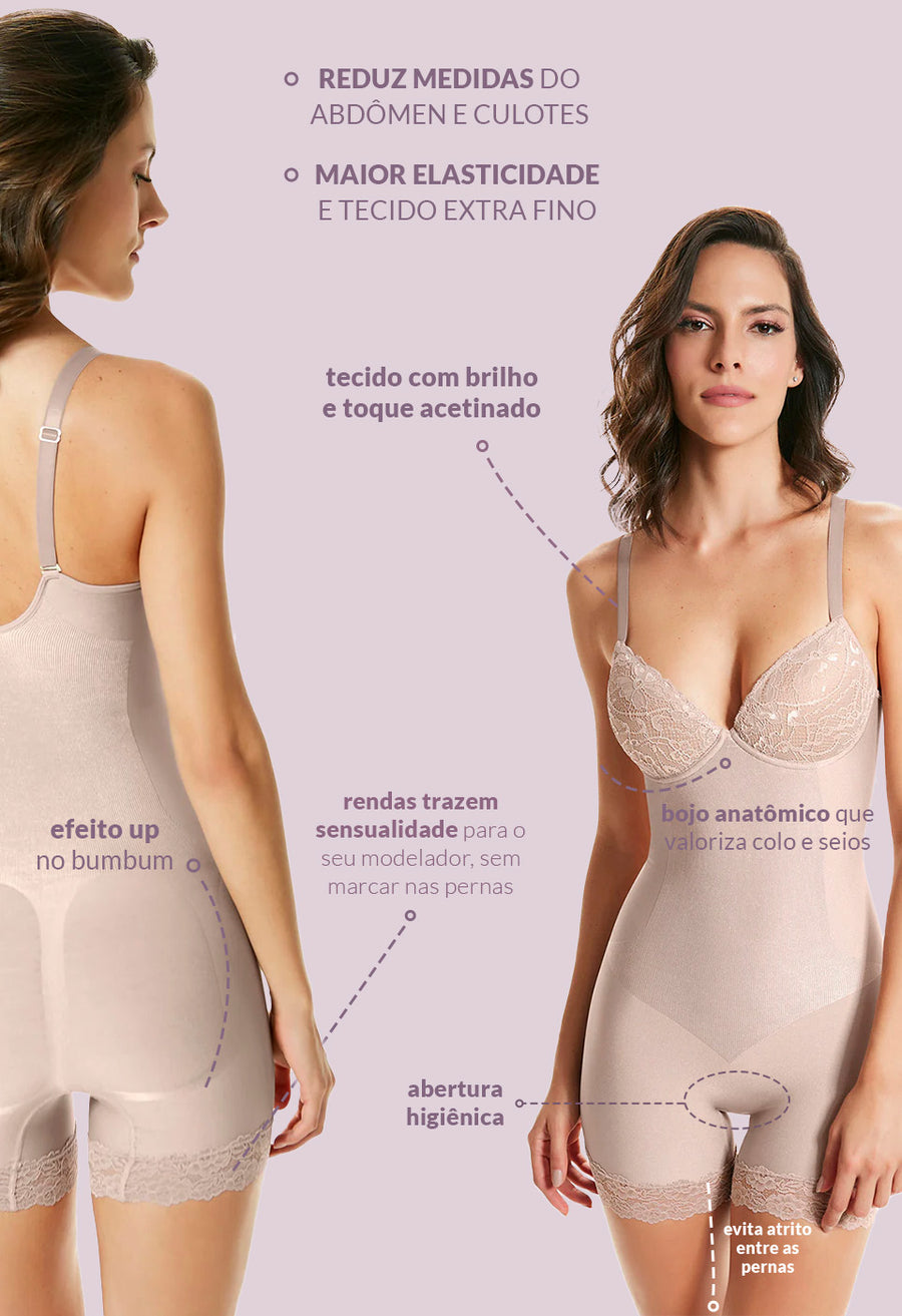 Body Modelador Macaquinho Com Bojo E Renda Levanta Bumbum Blush