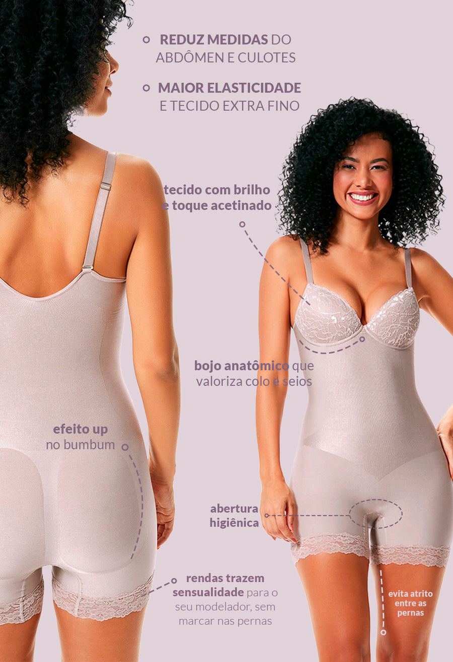 Body Modelador Macaquinho Com Bojo E Renda Levanta Bumbum Lavanda
