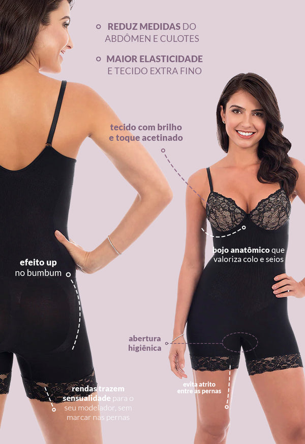 Body Modelador Macaquinho Com Bojo E Renda Levanta Bumbum Black