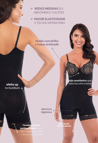 Body Macaquinho Modelador Com Bojo E Renda Black