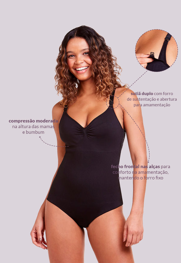 Body Modelador Amamentação Sutiã Duplo Maternidade Pós Parto Preto