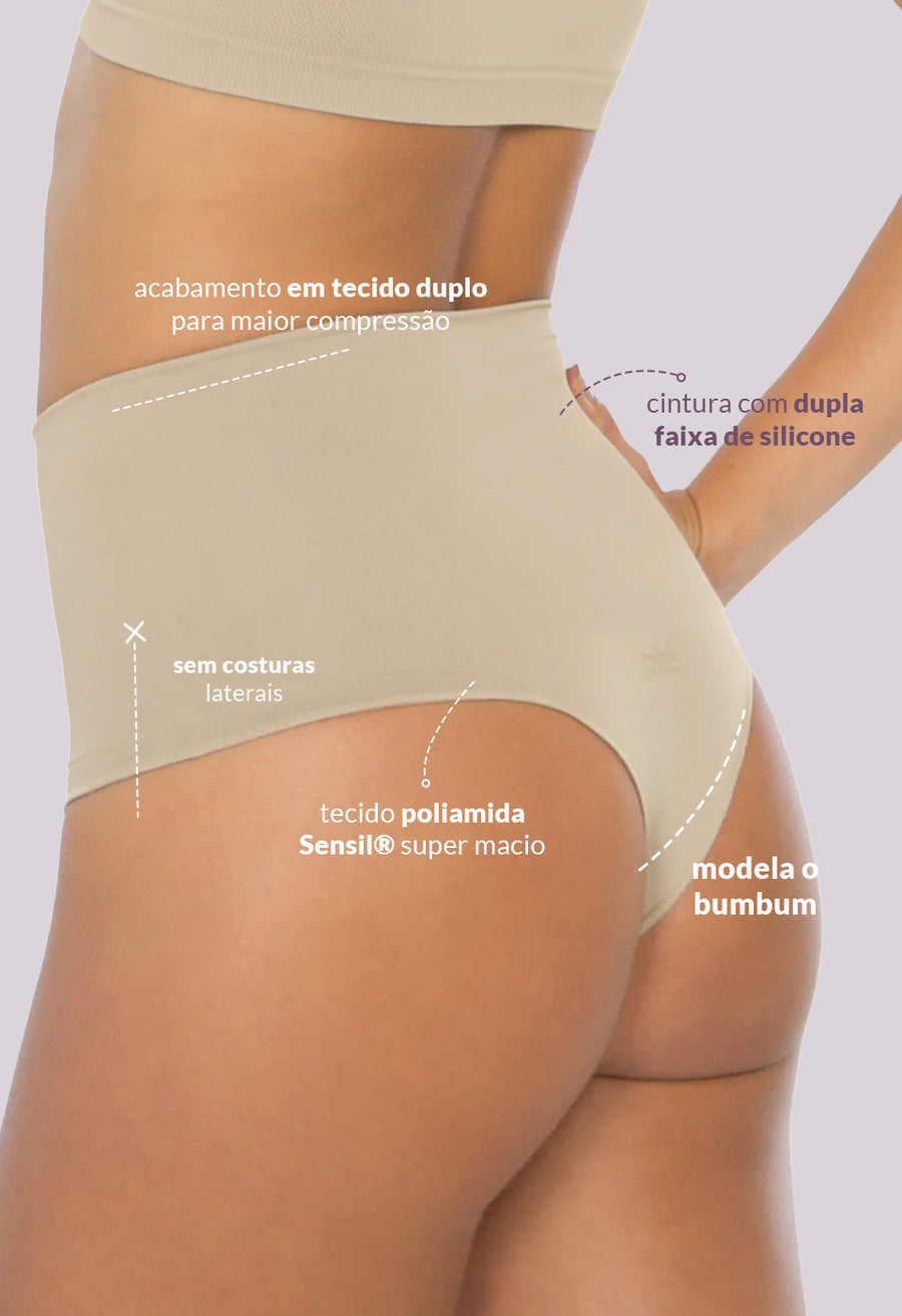 Calcinha Modeladora Cintura Alta Fio Dental Tecido Duplo Afina Cintura Base