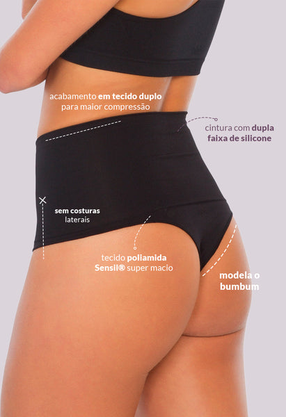 Calcinha Modeladora Cintura Alta Fio Dental Tecido Duplo Preto